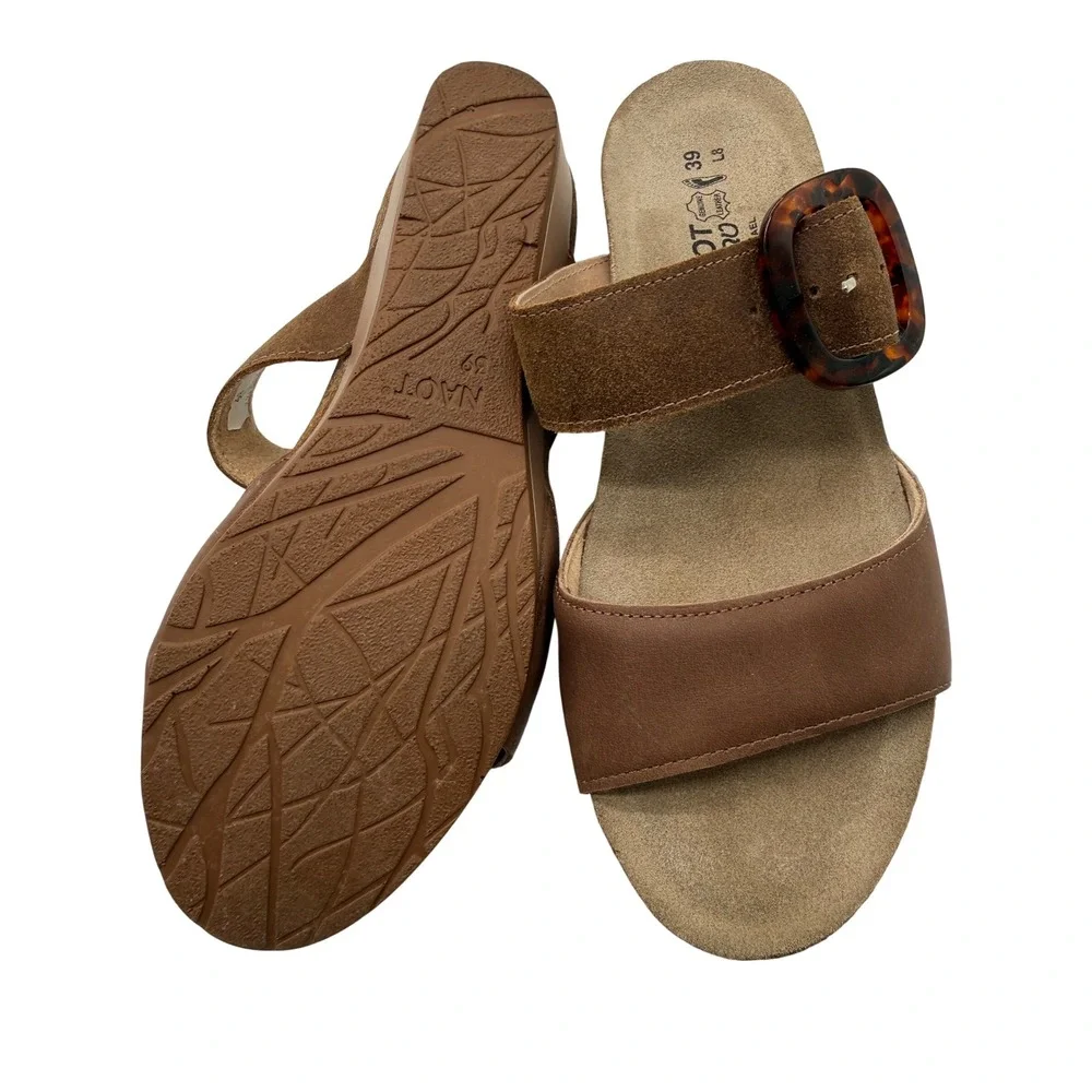 Naot Wedge Slide Sandals Womens 39 L8 Brown Excellent Tortoise Buckle Leather